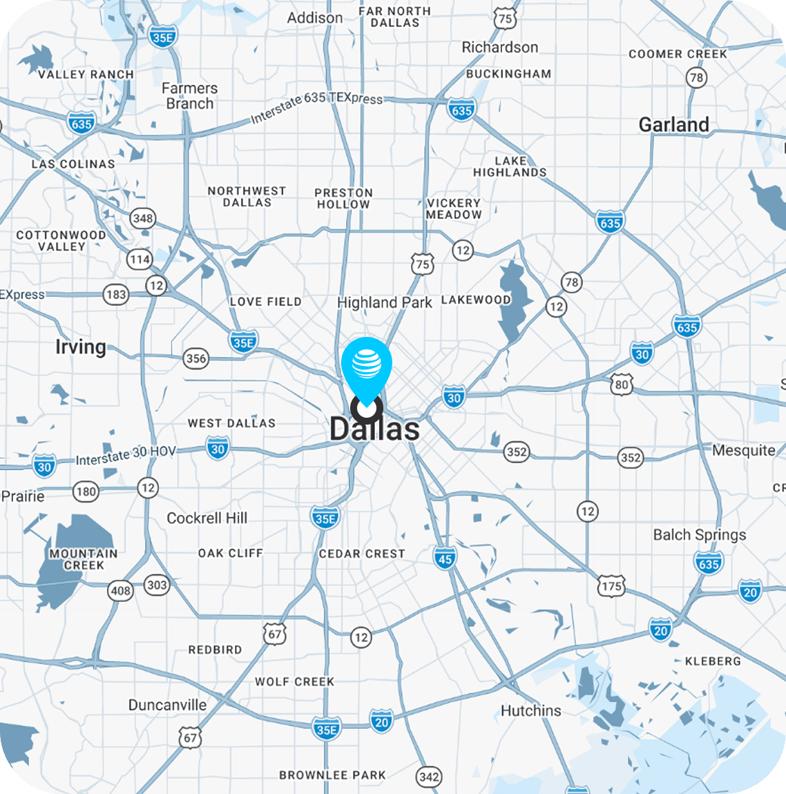 a top-down graphical view of Dallas with a map pin