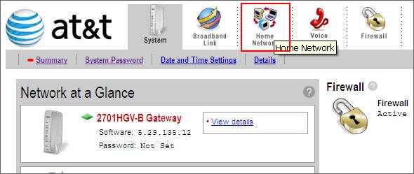 From the gateway's interface, select the Home Network tab.