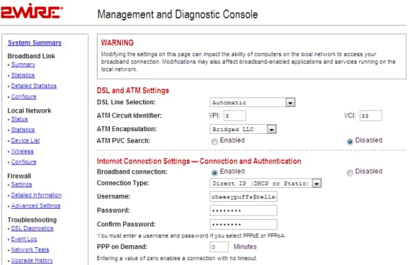 ATM PVC Search is the last option under the DSL and ATM Settings heading. Connection Type is the second option under Internet Connection Settings