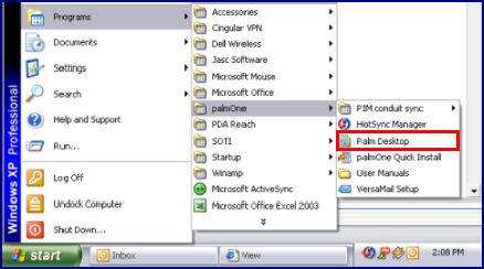 NOTE: Depending on the version installed, the actual Start menu path may differ in verbiage. Look for "Palm" in any event.