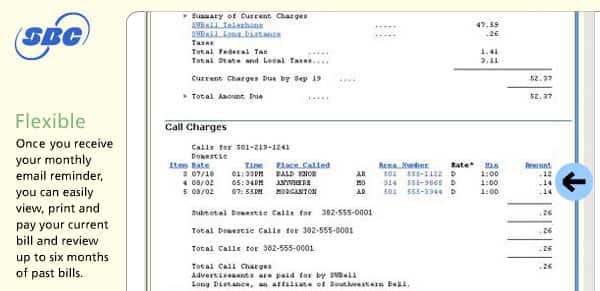 Sample online bill with links to check unknown phone numbers.