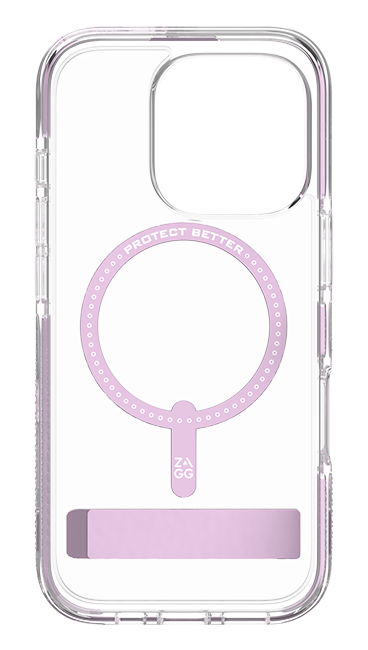 Estuche Zagg Piccadilly Snap con pie de apoyo y MagSafe para iPhone 16 Pro, transparente con rosa claro (consulta de producto 2)