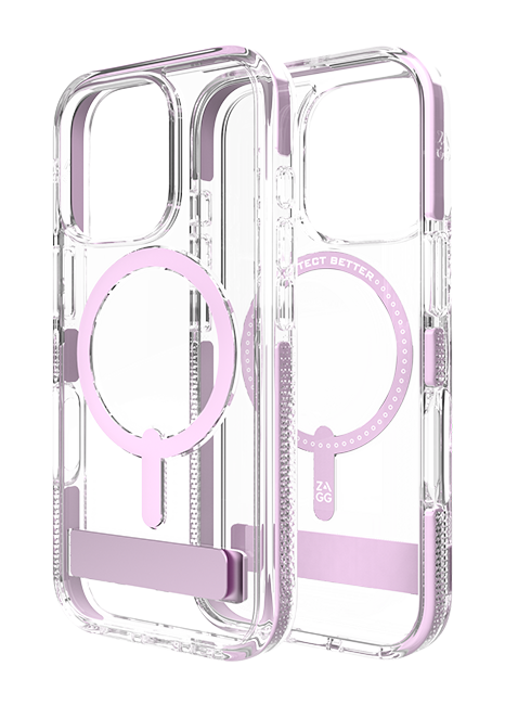 Estuche Zagg Piccadilly Snap con pie de apoyo y MagSafe para iPhone 16 Pro, transparente con rosa claro (consulta de producto 6)