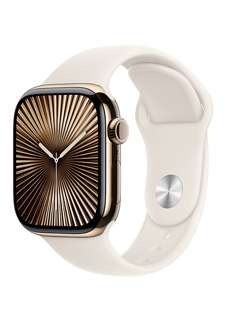 Apple Watch Series 10 de 42 mm, titanio dorado con correa deportiva blanco estelar, S-M (consulta de producto 2)