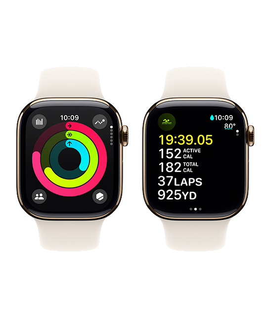 Apple Watch Series 10 de 42 mm, titanio dorado con correa deportiva blanco estelar, S-M (consulta de producto 3)