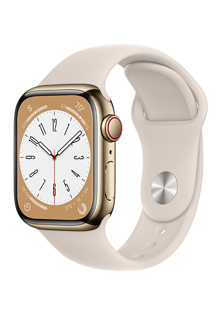 Apple Watch Series 8 de 41 mm, acero dorado con correa deportiva blanco estelar, M/L (consulta de producto 2)