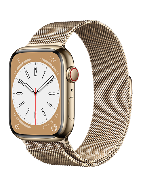 Apple Watch Series 8 - 45mm - Gold Steel Gold Milanese Loop  (Product view 2)