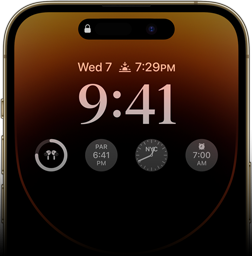 La imagen frontal del iPhone 14 Pro que muestra la pantalla Always-on con la hora, la fecha, cuatro miniaplicaciones y más.