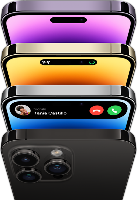 iPhone 14 Pro en cuatro colores diferentes: negro espacial, azul, dorado y morado oscuro. Un modelo muestra la parte posterior del teléfono y los otros tres la parte delantera de la pantalla.