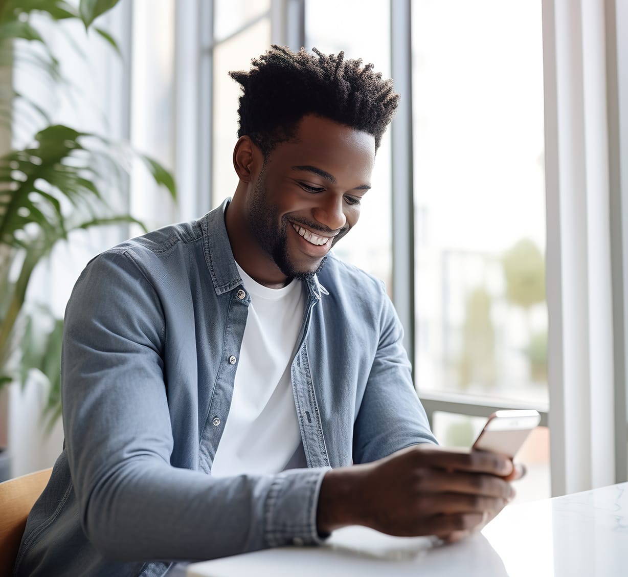 Man looking at mobile and smiling