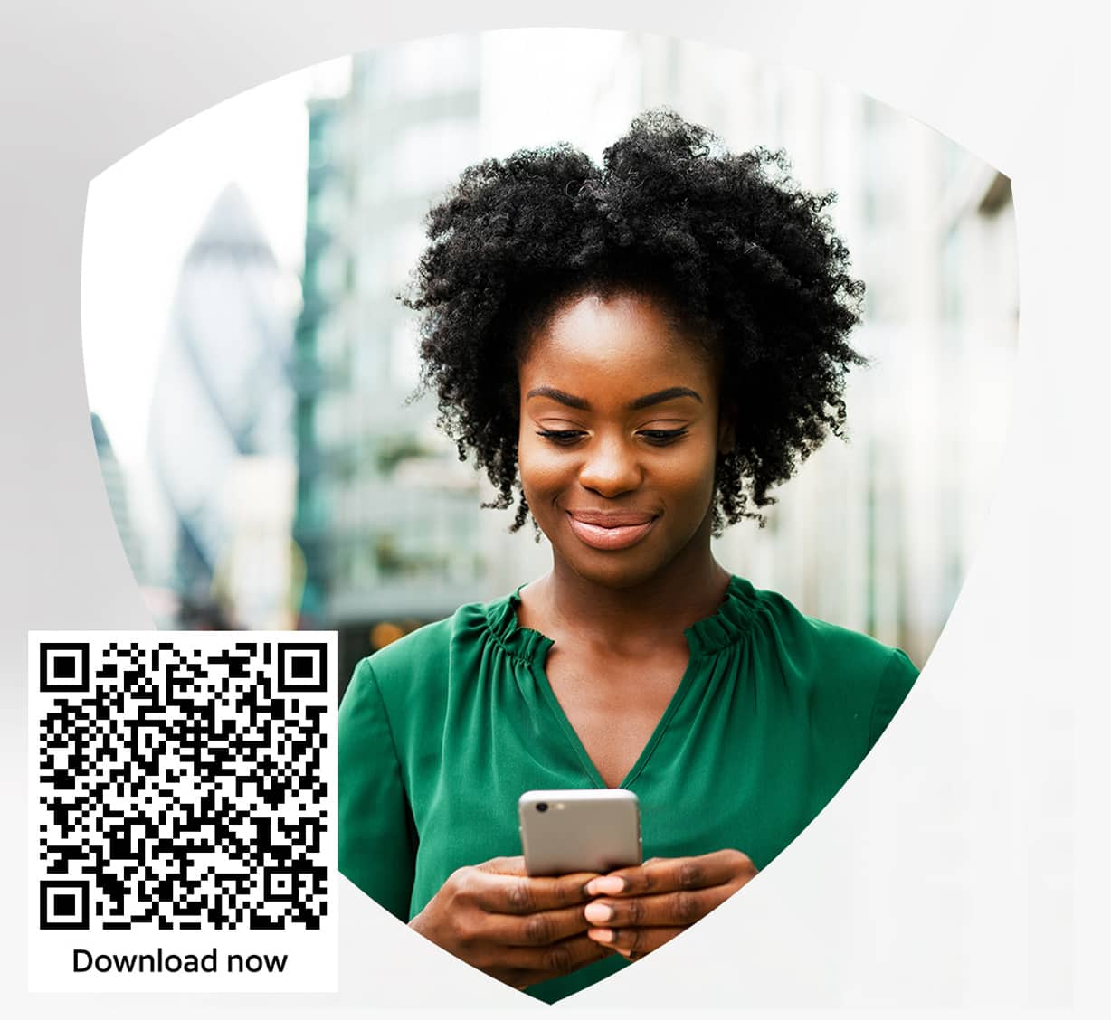 QR code to download app and woman looking at her mobile