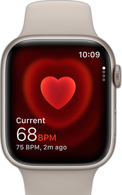 A front view of the Apple Watch showing someone's heart rate.